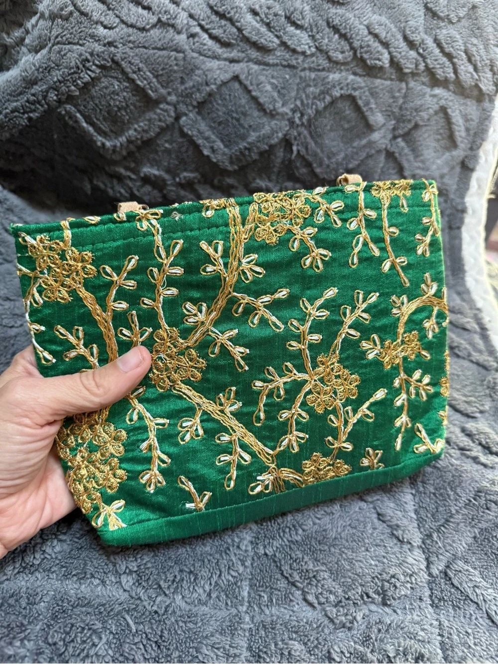 Green Embroidered Evening Bag with Gold Accents 7 x 9”